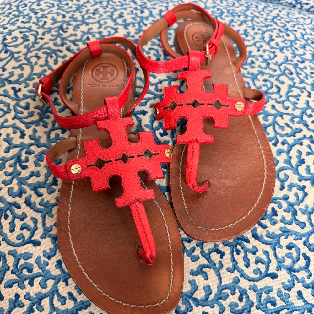 Tory Burch Red and Brown Leather Sandals